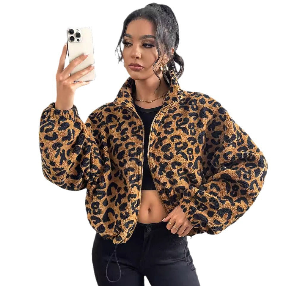 Ladies Short Plush Leopard Print Jacket with High Collar Lune London
