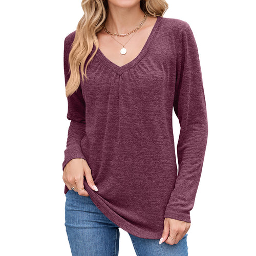 Casual long sleeve T-shirt for women with V-neck and pleated detail Lune London