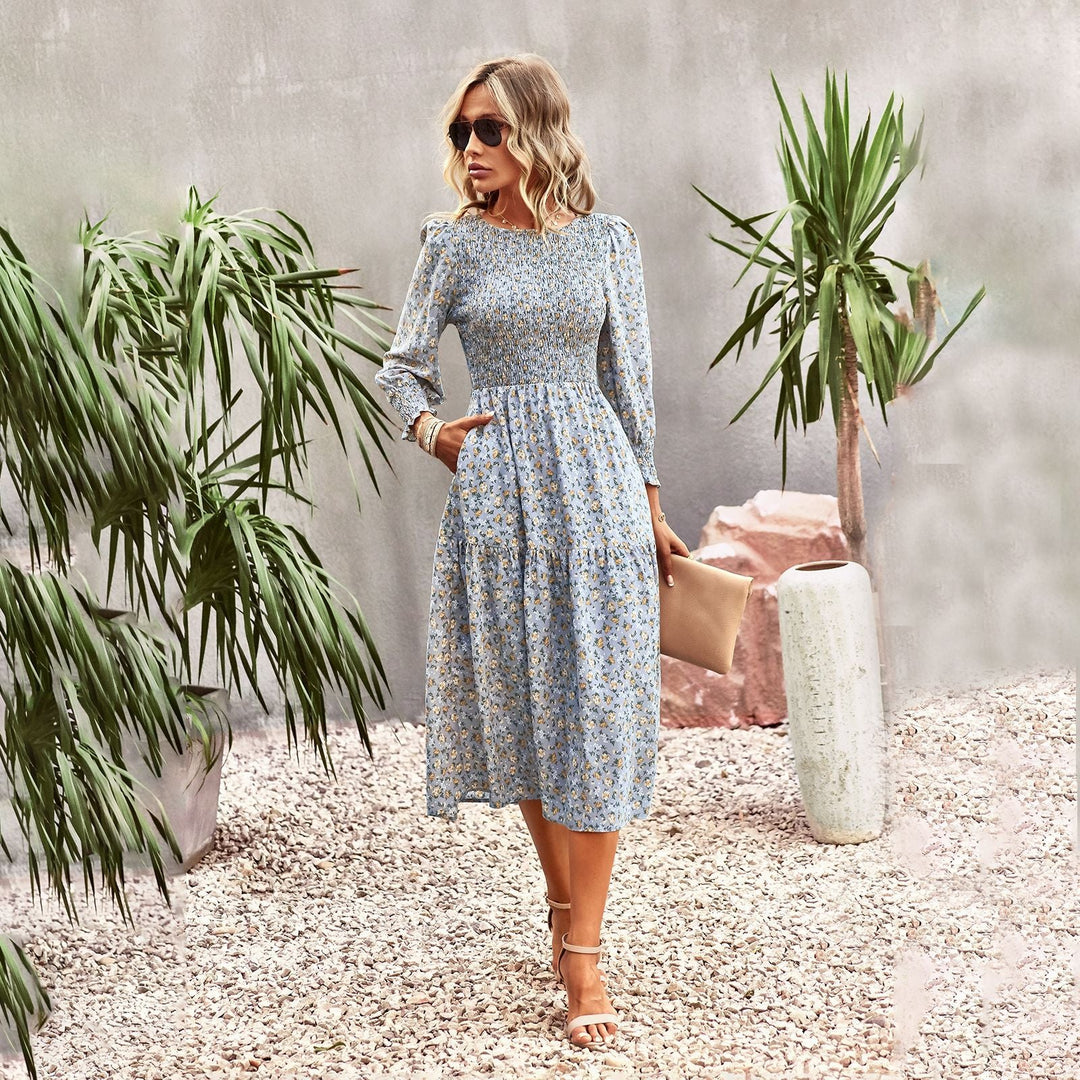 Women Floral Midi Dress with Gathered Waist and Long Sleeves Lune London