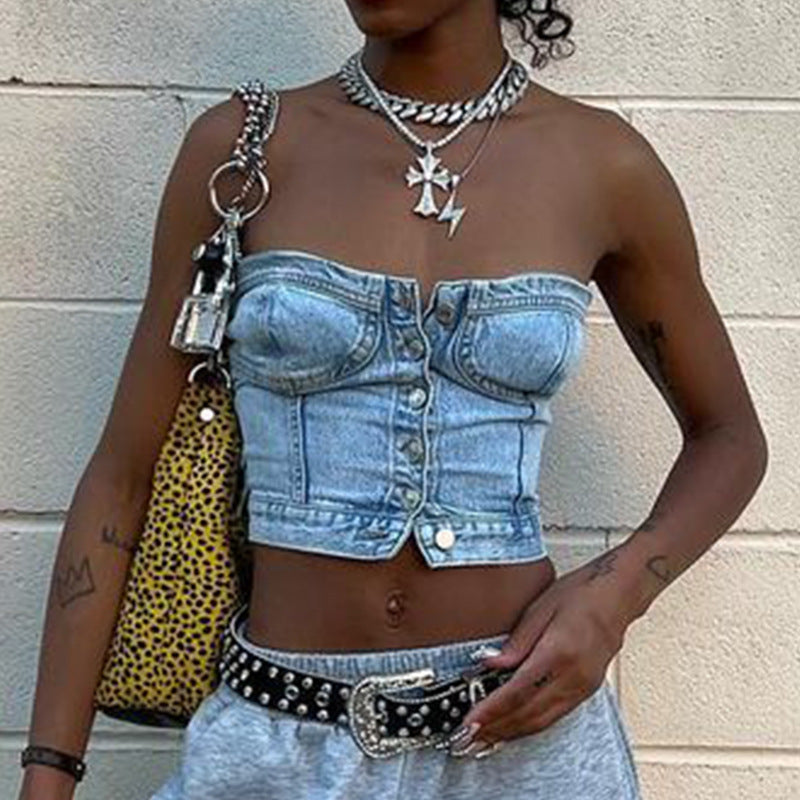 Women's Denim Crop Top with Knitted Overlay Lune London