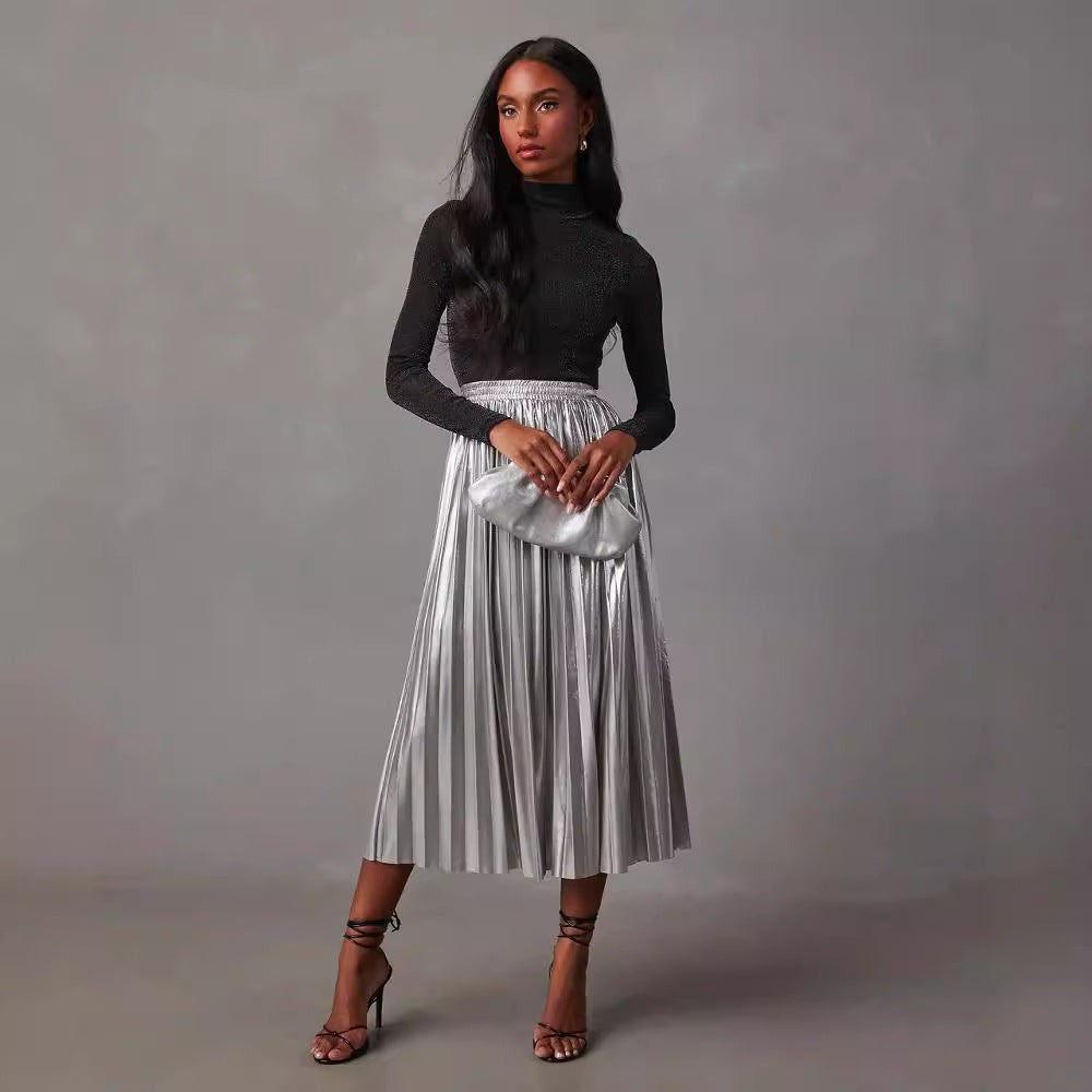 Women's Pleated Maxi Skirt made of shiny material Lune London