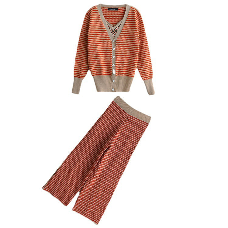 Modern knit set for women with deep V-neck and decorative buttons Lune London