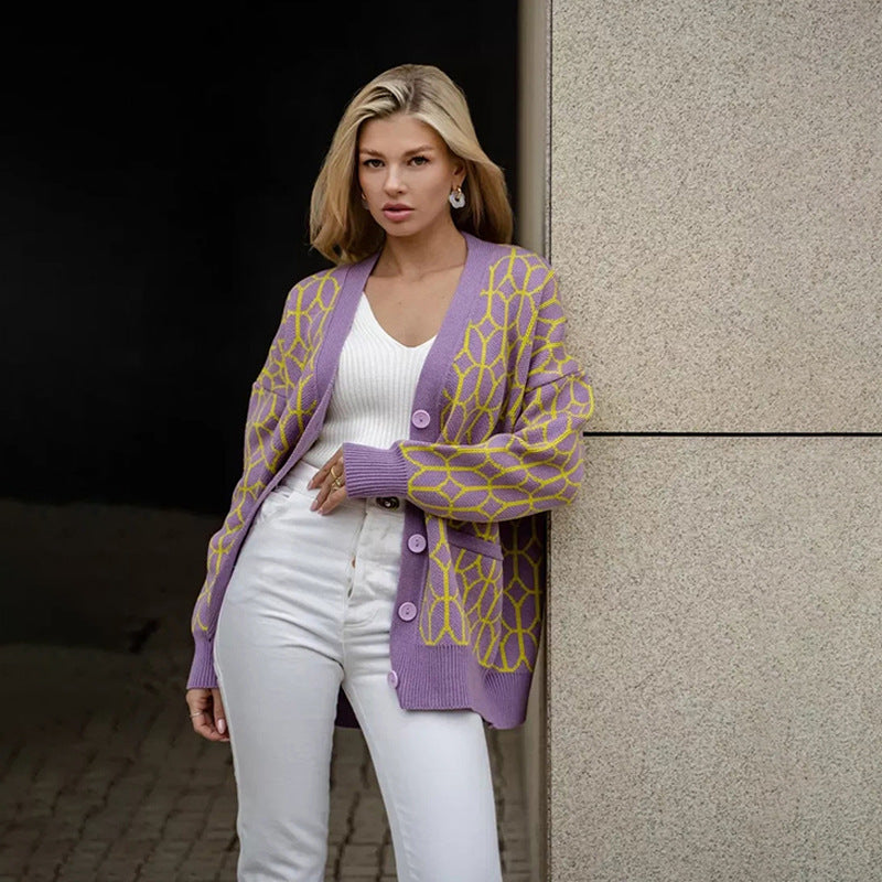Women Knitted Patterned Cardigan with Large Button Placket Lune London