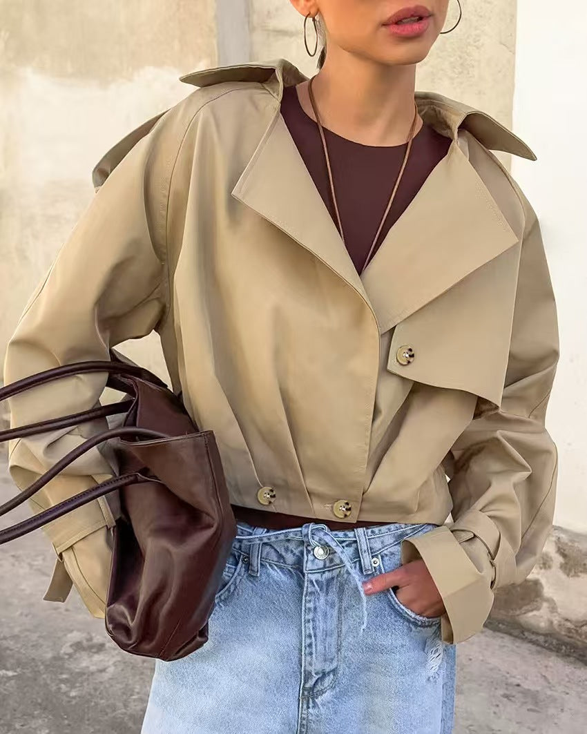 Ladies trendy cropped trench coat with innovative sleeves Lune London