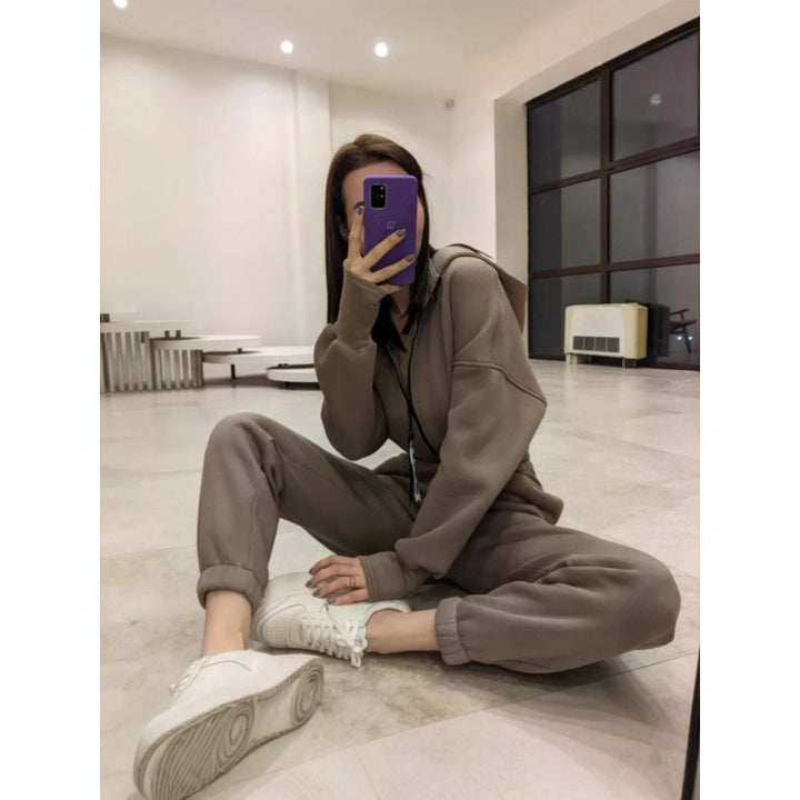 Women Sporty Chic Zip Hoodie Set