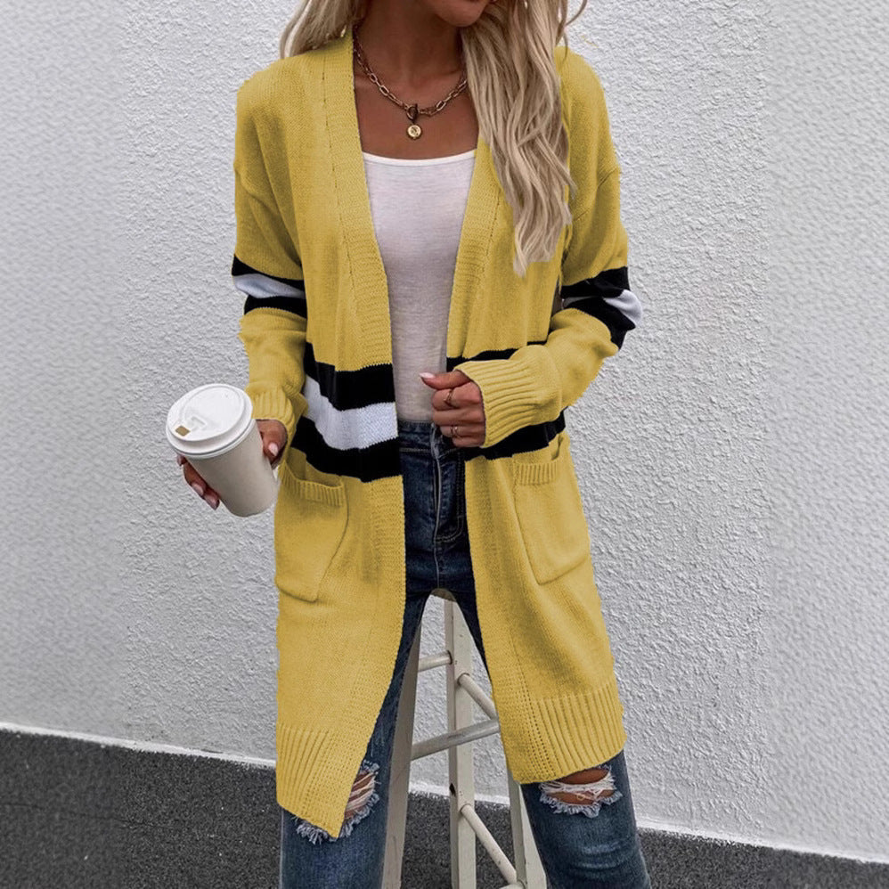 Women Open Knit Sweater with a Modern Striped Pattern and Practical Pockets Lune London