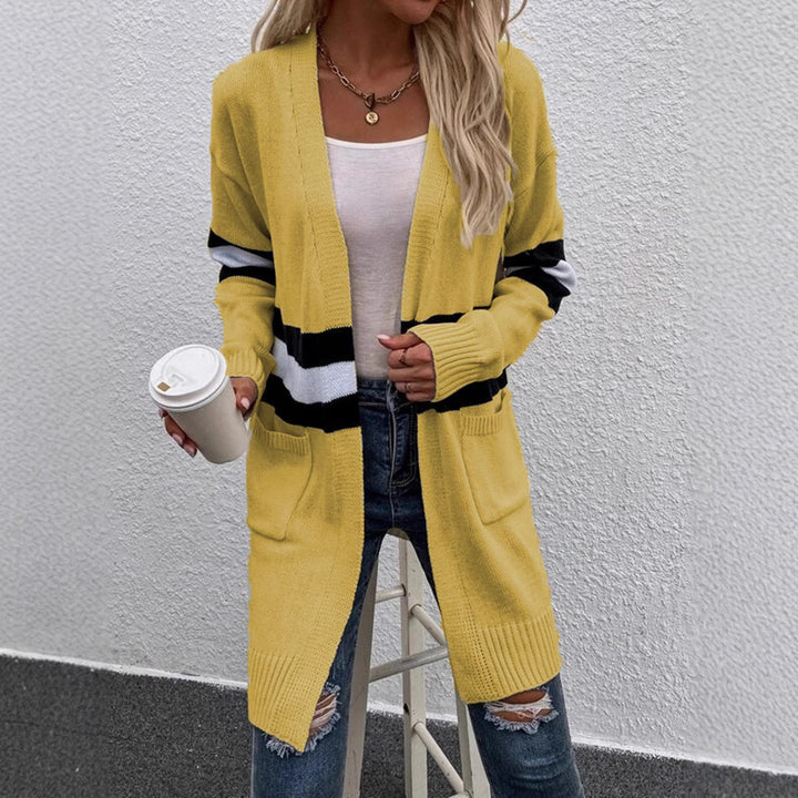 Women Open Knit Sweater with a Modern Striped Pattern and Practical Pockets Lune London