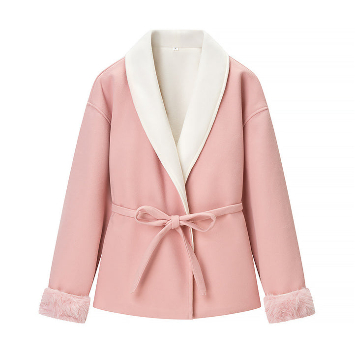 Veste Fluffy Femme avec Revers Élégant et Ceinture Chic & Stil