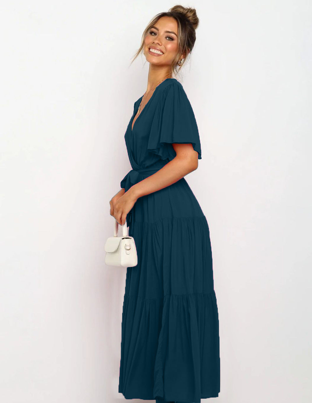 Lune London Fluid maxi dress for women with tie-up belt and butterfly sleeves