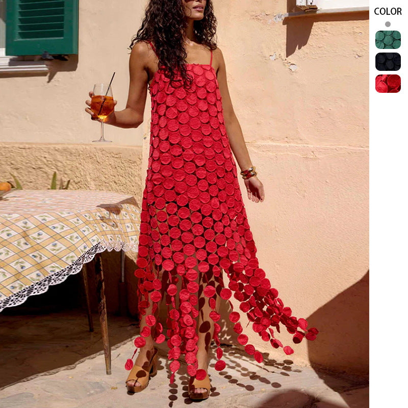 Women's maxi dress with decorative crochet applications and side slits Lune London