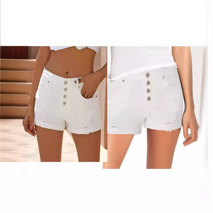 Women's stylish high-waist denim shorts with button details and frayed hem Lune London