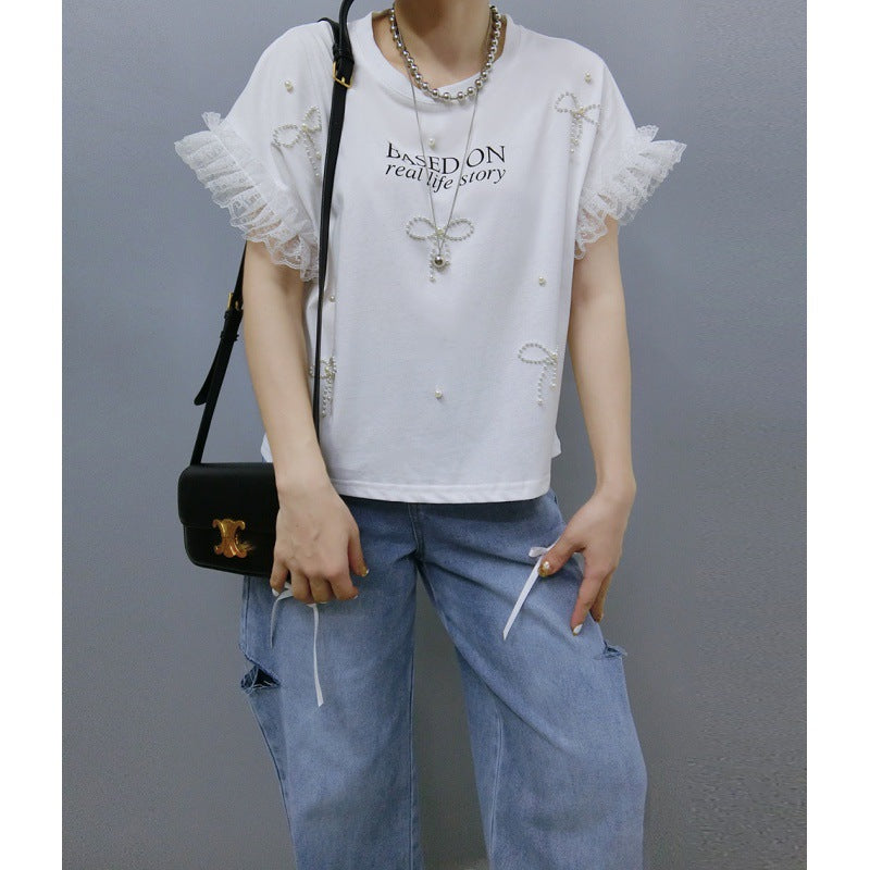 Lune London Women's Leisure Graphic T-shirt with Ruffled Sleeves