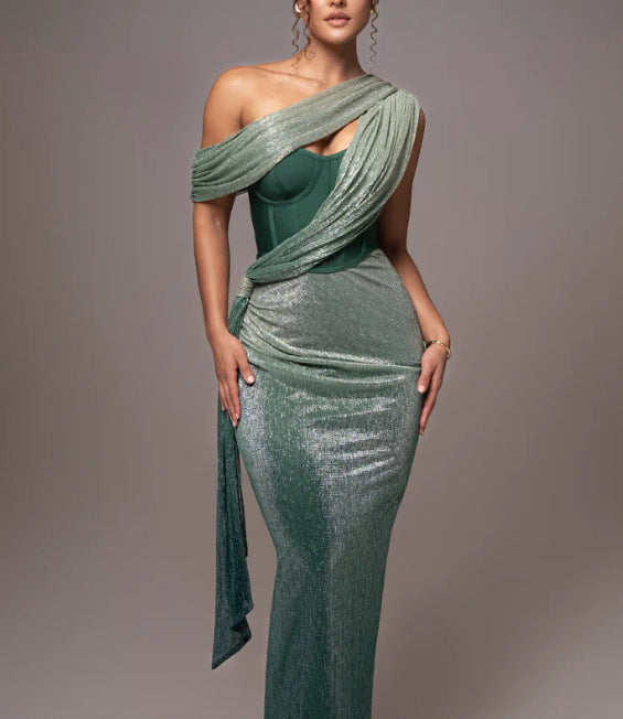 Women's Glamorous Maxi Evening Dress with Asymmetrical Neckline and Shimmering Draping Design