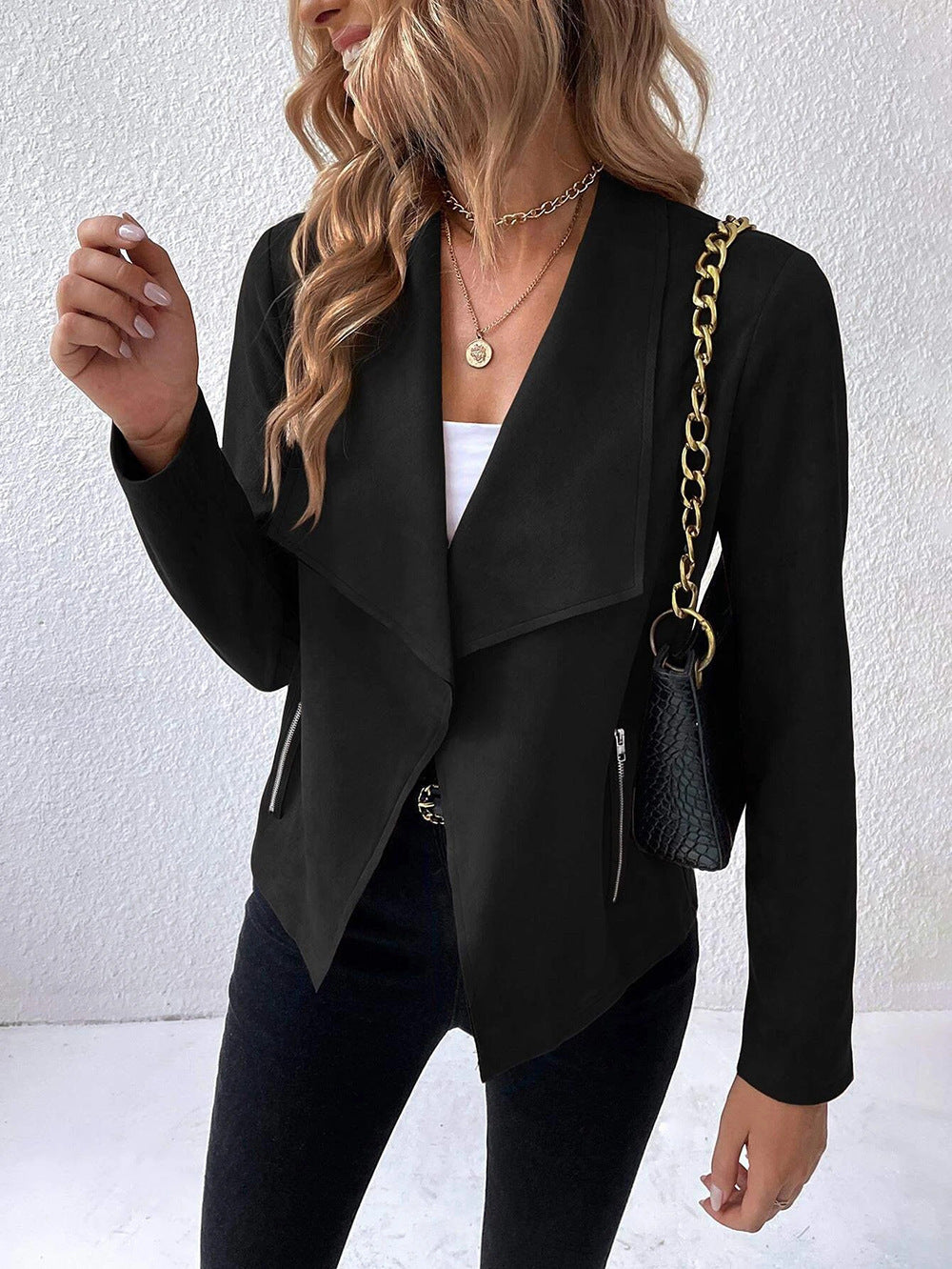 Elegant velvet jacket for ladies with asymmetric lapel and zippered pockets Lune London