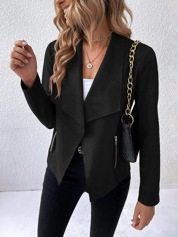 Elegant velvet jacket for ladies with asymmetric lapel and zippered pockets Lune London