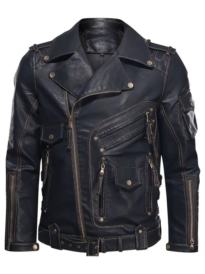 Stylish biker jacket for men with multiple zippered pockets and belt detail Lune London