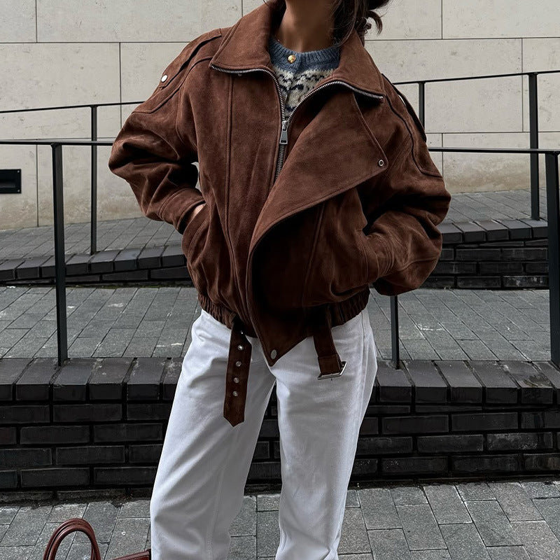 Faux leather jacket for women with a modern high collar and practical zip pockets Lune London