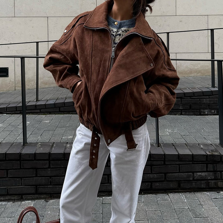 Faux leather jacket for women with a modern high collar and practical zip pockets Lune London