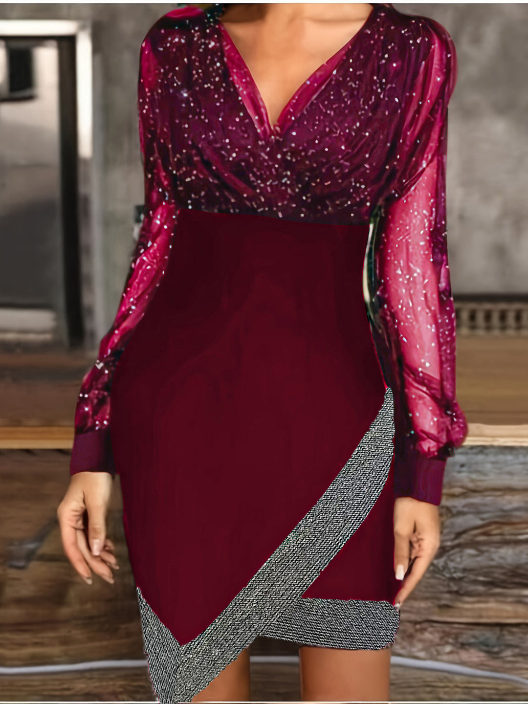 Women Elegant Wrap Dress with Sparkling Details and Sheer Sleeves Lune London