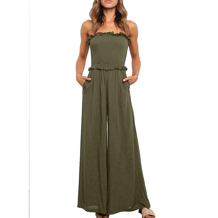 Strapless jumpsuit for women with wide legs and ruffled trim Lune London