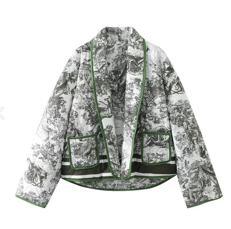 Ladies Oversized Quilted Jacket with Floral Pattern and Contrasting Details Lune London