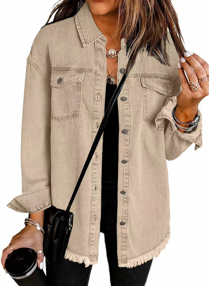 Casual denim shirt for women with frayed edges and convenient chest pockets Lune London
