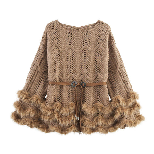 Ladies elegant cardigan with decorative belt and fur finish Lune London
