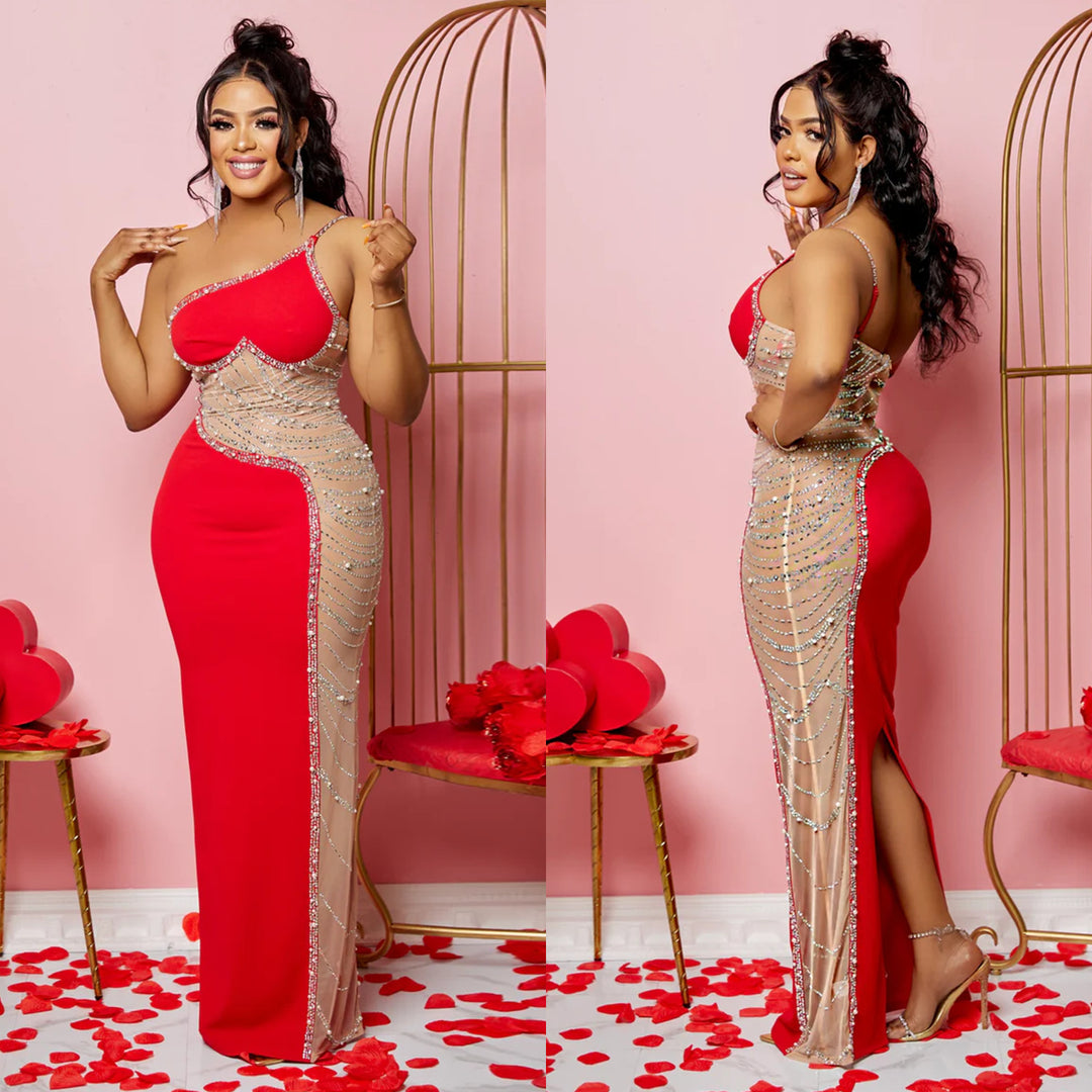 One-shoulder sparkling evening dress Lune London