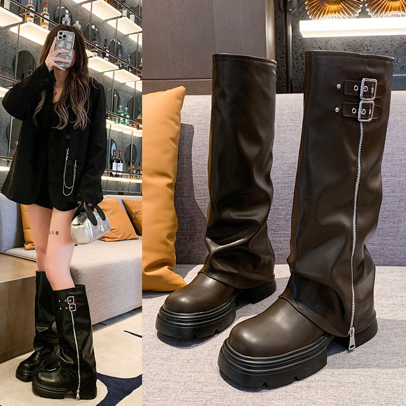 Knee-high boots for women with trendy zipper and adjustable strap Lune London