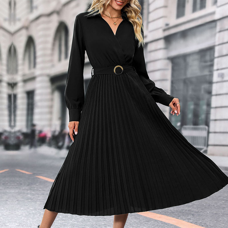 Lune London | Women's Pleated Midi Dress with Elegant Wrap Look and Waist Belt