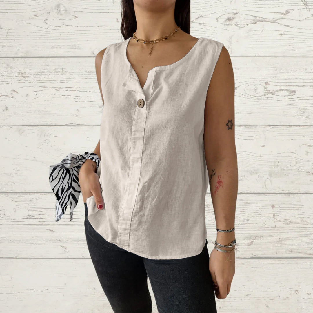 Ladies lightweight linen sleeveless blouse with button details Lune London
