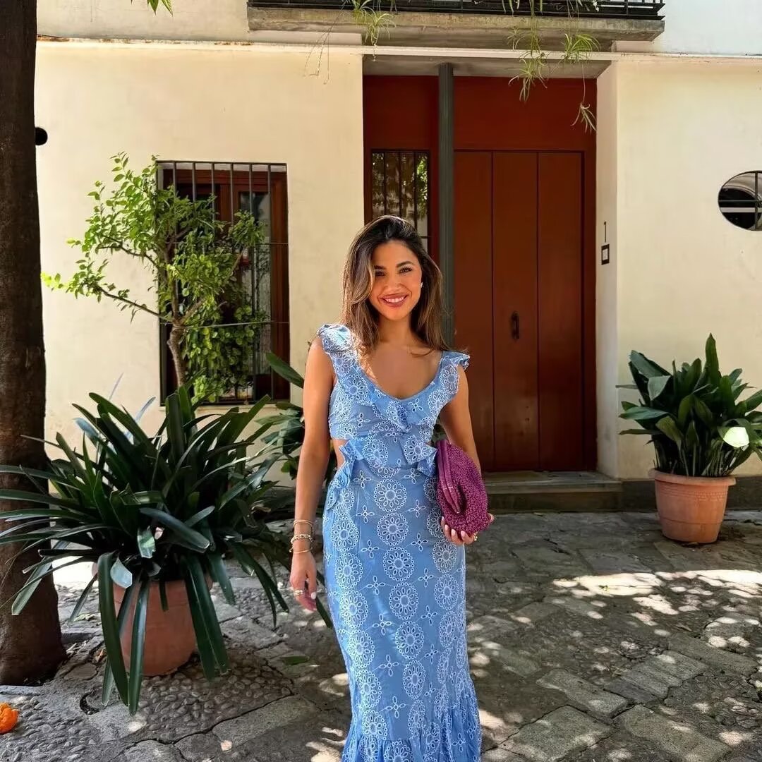 Maxi dress for women with ruffle details and floral pattern Lune London