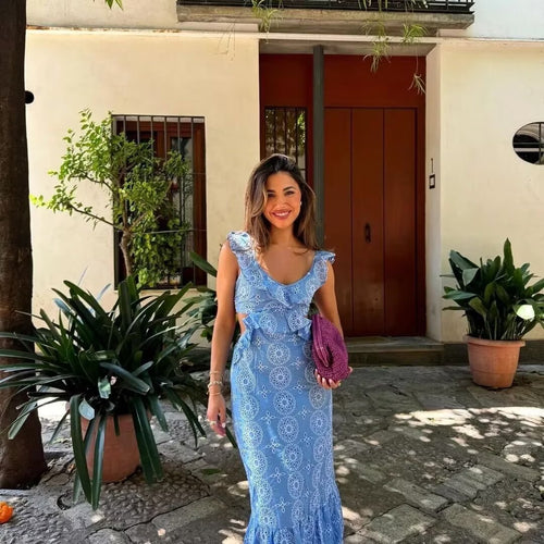 Maxi dress for women with ruffle details and floral pattern Lune London