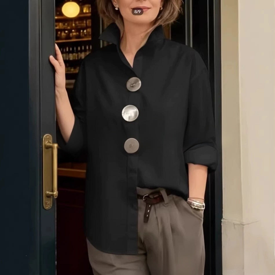 Women's stylish shirt with large button details and a chic standing collar Lune London
