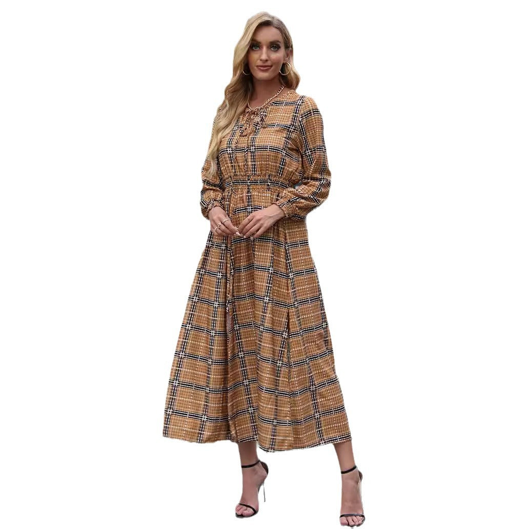 Plaid pattern maxi dress for women with a waist belt and ruffles Lune London
