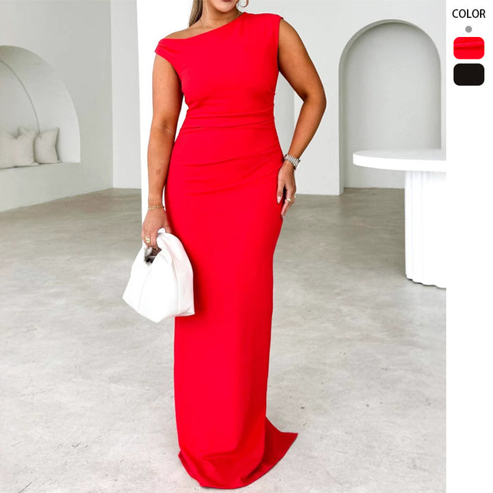 Maxi dress for women with a fitted design and elegant cascade neckline Chic & Stil