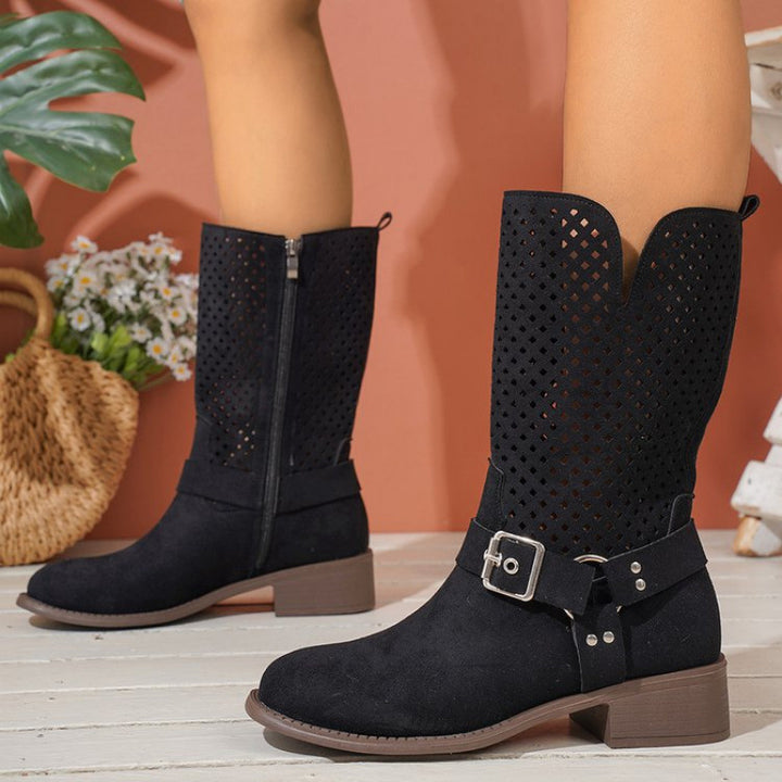 Women’s perforated suede boots with trendy buckle detail Lune London