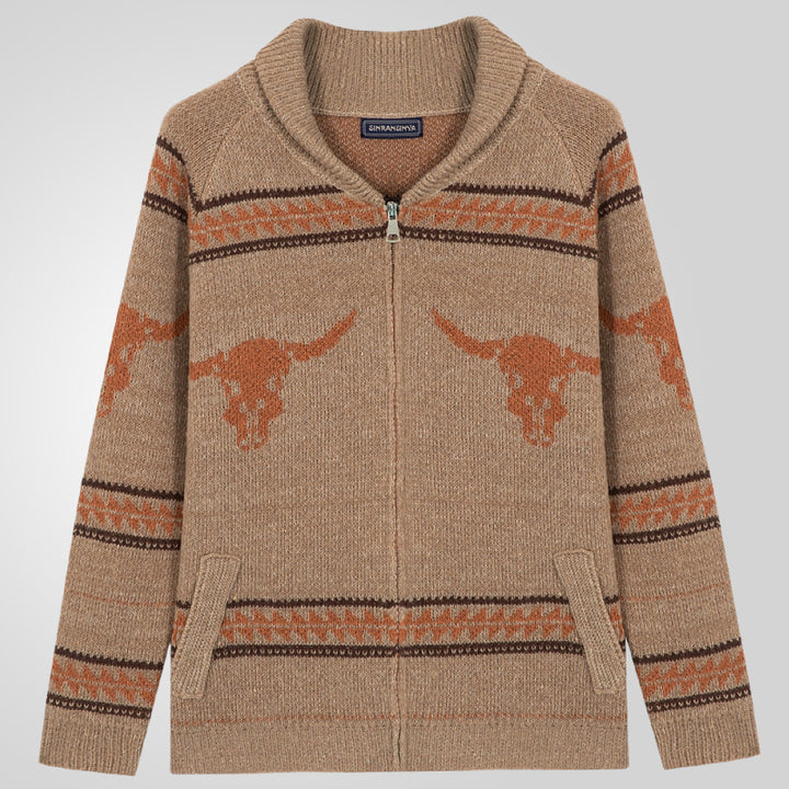Sweater jacket for men with a unique Far West pattern and a warm lining Lune London