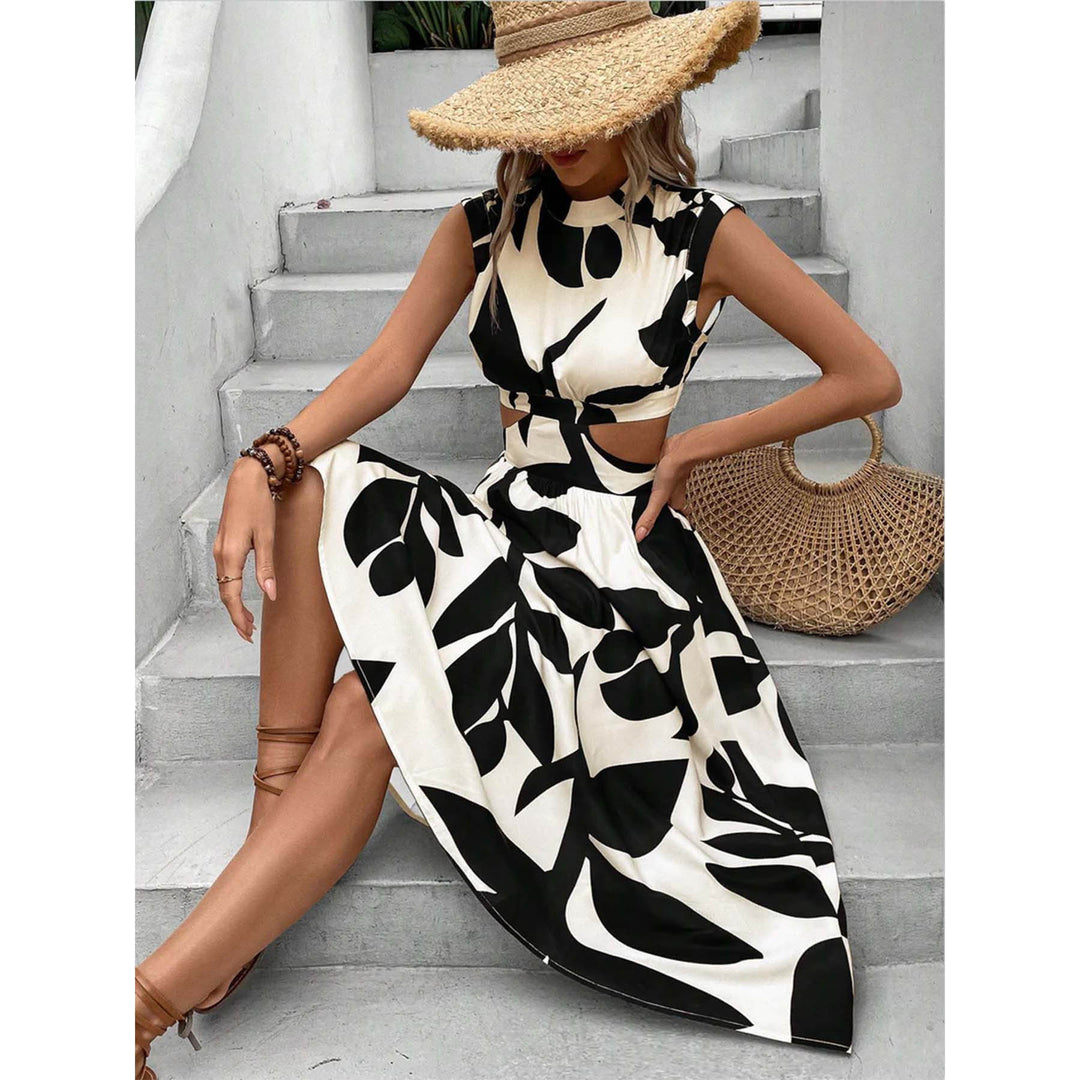 Maxi dress for women with leaf design and cut-out details Lune London