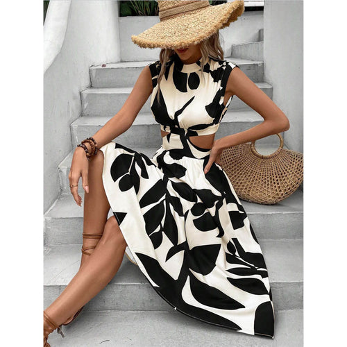 Maxi dress for women with leaf design and cut-out details Lune London