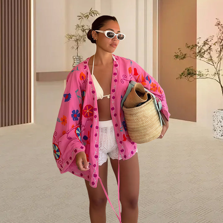 Ladies beach kimono with colorful floral pattern and relaxed fit Lune London