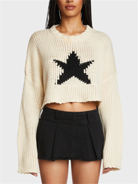 Trendy chunky knit sweater for women with stylish chic star appliqués