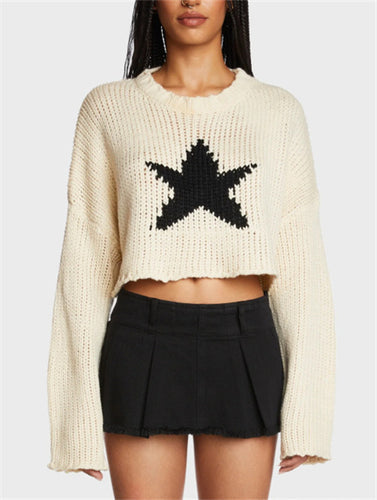 Trendy chunky knit sweater for women with stylish chic star appliqués