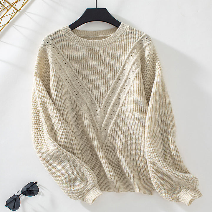 Knit sweater for women with V-neck and decorative textured pattern Lune London
