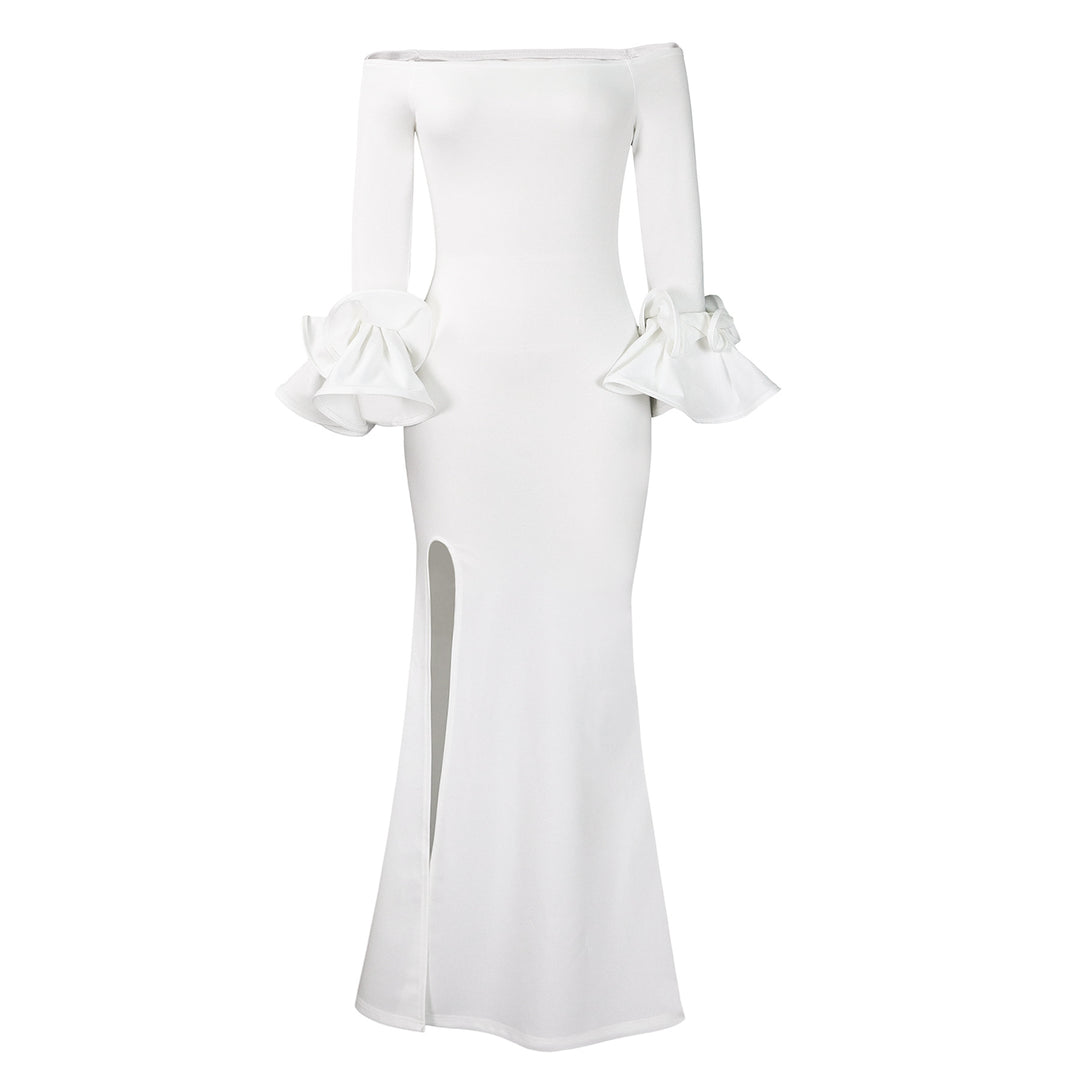 Elegant evening dress for ladies with dramatic ruffles and a side slit Lune London