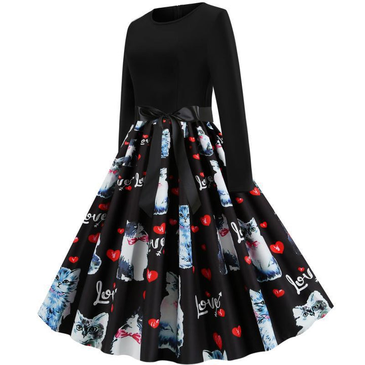 Robe swing pour dames avec motif de chat et ceinture élégante Chic & Stil