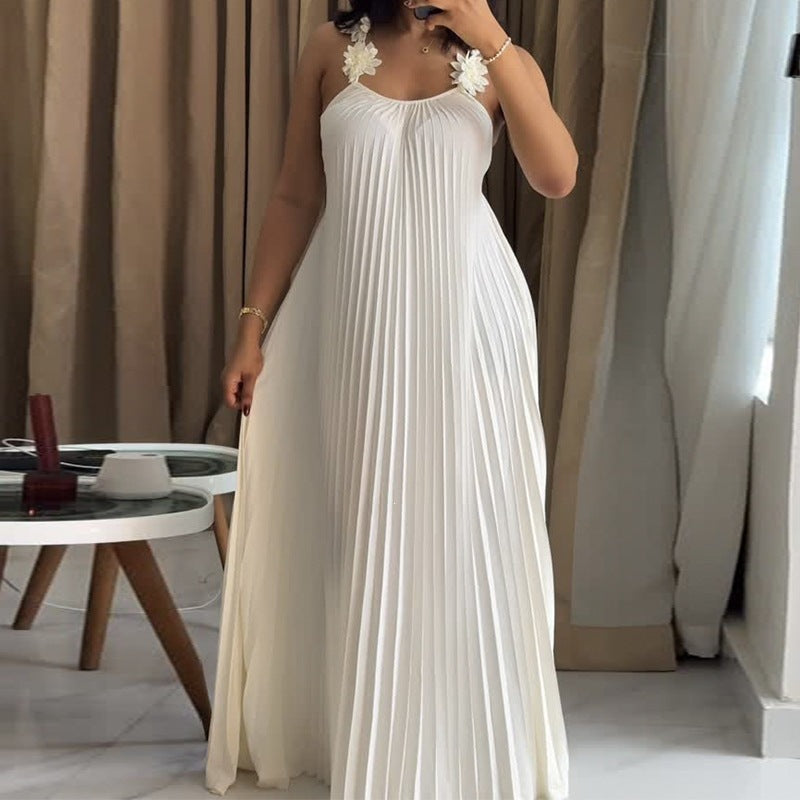 Women Elegant Maxi Dress with Casual Pleats and Decorative Shoulder Flowers Lune London