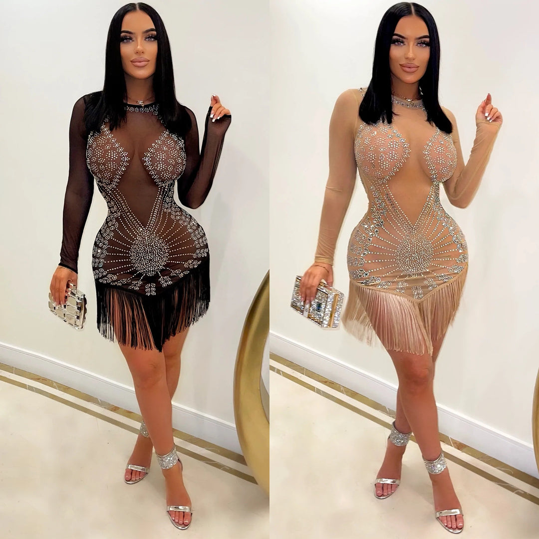 Fringed mini dress adorned with crystals for women Lune London