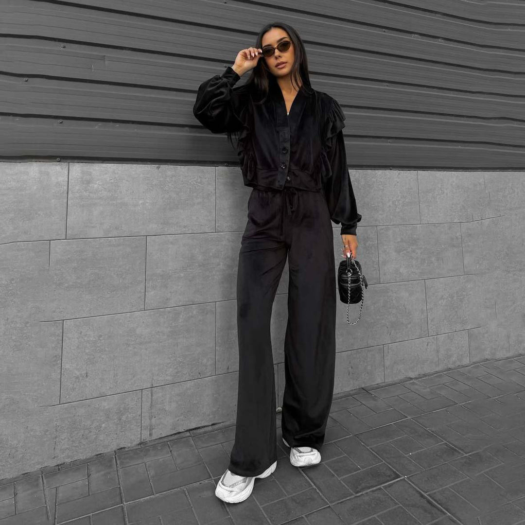 Ladies Comfortable Lounge Set with Chic Ruffle Details and Style