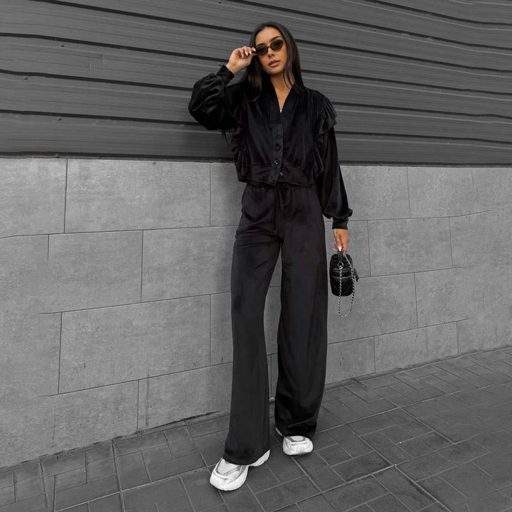 Ladies Comfortable Lounge Set with Chic Ruffle Details and Style